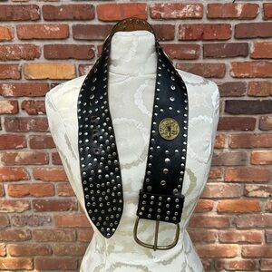 Leather Black Silvertone Studs Unique Brass Coins and Buckle Edgy Belt 34”